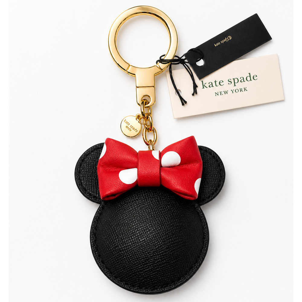 Minnie Mouse x Kate Spade Black Red Leather Bow Keychain Accessory Purse Bag NWT
